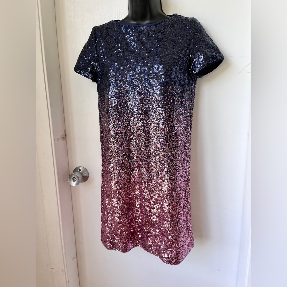 Maia Sequin Ombré Shift Dress Navy Blue and Pink short Sleeve Size 0